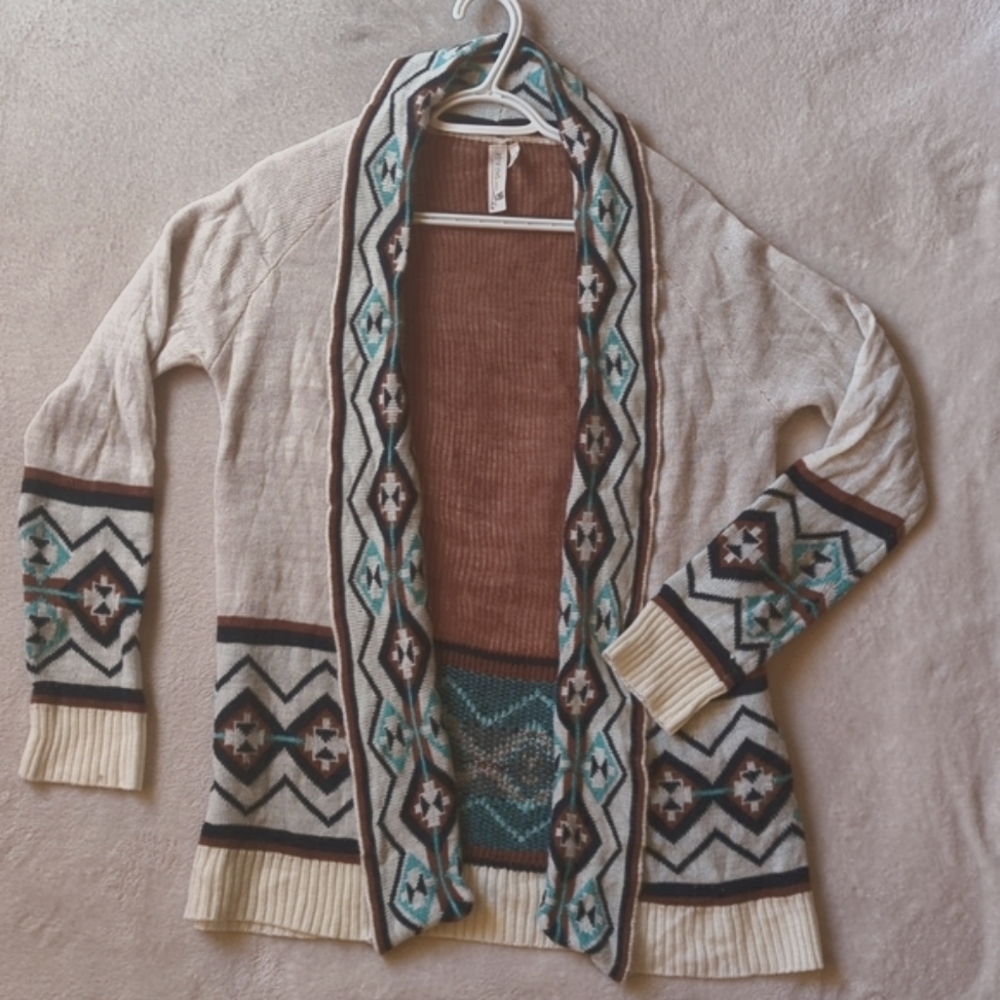 Cream White Teal Navy Blue Brown Cardigan Sweater Aztec Geometric Pattern
